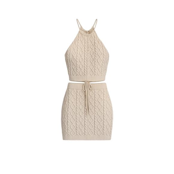 Blanc Dresses & Skirts - blanc Two Piece Cable Knit Cream Halter Crop Top Mini Skirt Set Size Medium